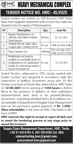Heavy Mechanical Complex Taxila Tender Notice